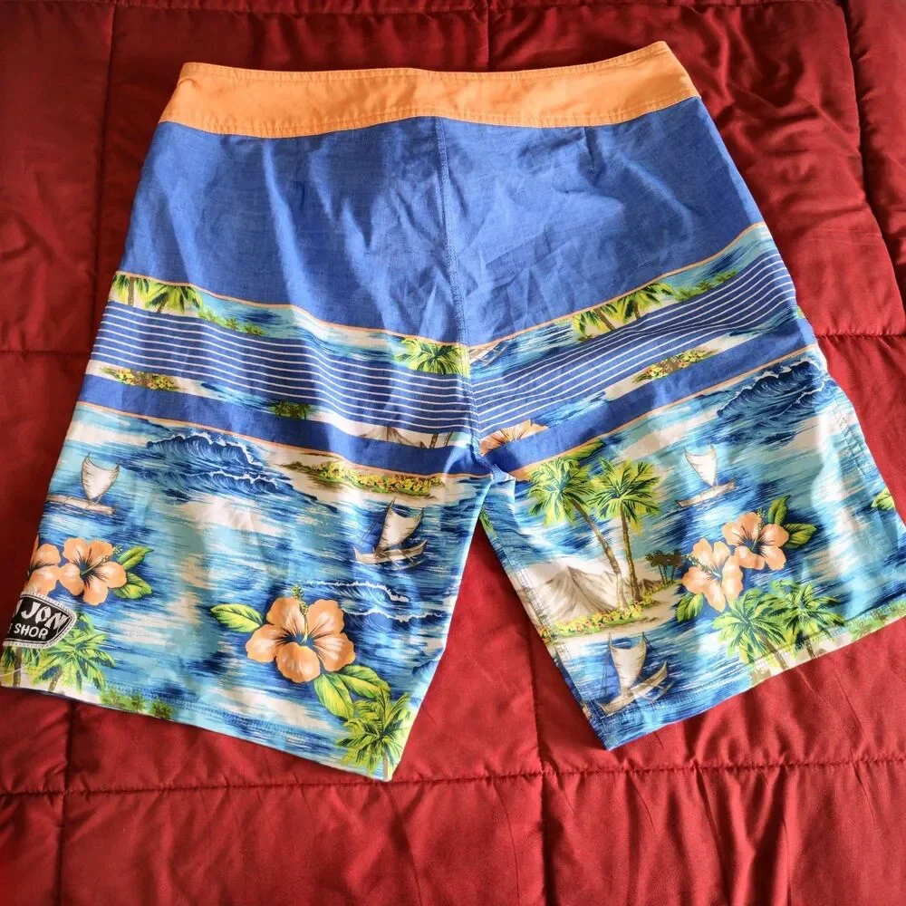 Ron Jon Surf Shorts Men 34 Blue Peach Beach Graphic Hawaiian Floral Zip Pocket - Picture 2 of 10